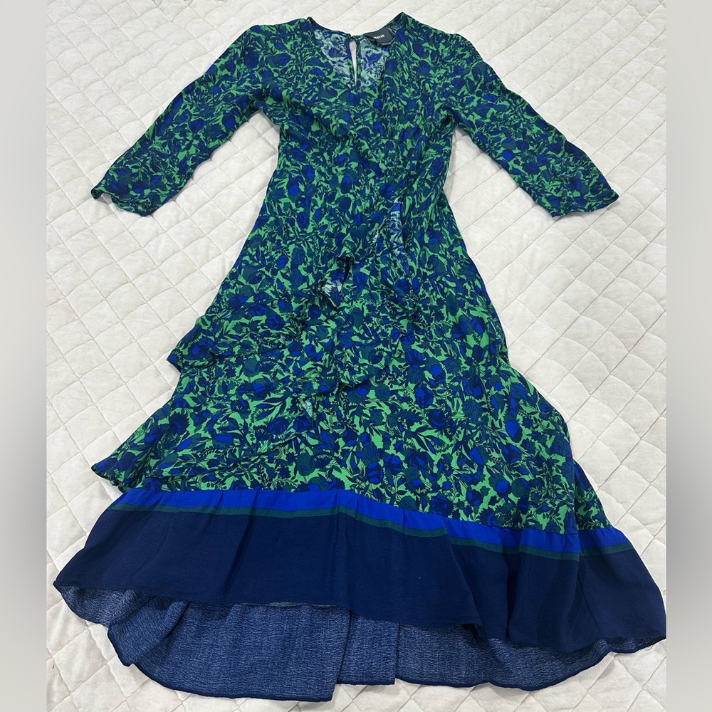 Anthropologie Maeve Green & Blue Floral High-Low Ruffle Dress